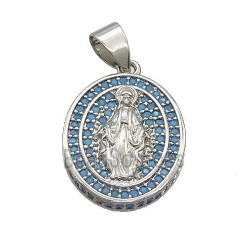 Copper Jesus Pendant Pave Turq Zircon Oval Platinum Plated