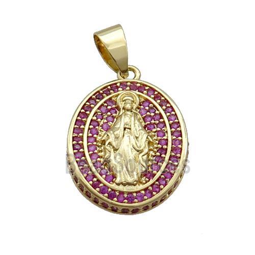 Copper Jesus Pendant Pave Hotpink Zircon Oval Gold Plated