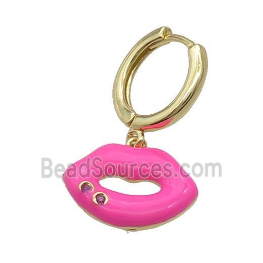 Copper Hoop Earring With Hotpink Enamel Lip Gold Plated