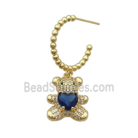 Copper Stud Earring With Bear Pave Zircon Blue Gold Plated