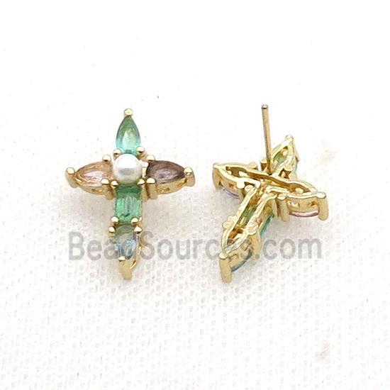 Copper Cross Stud Earring Pave Zircon Gold Plated