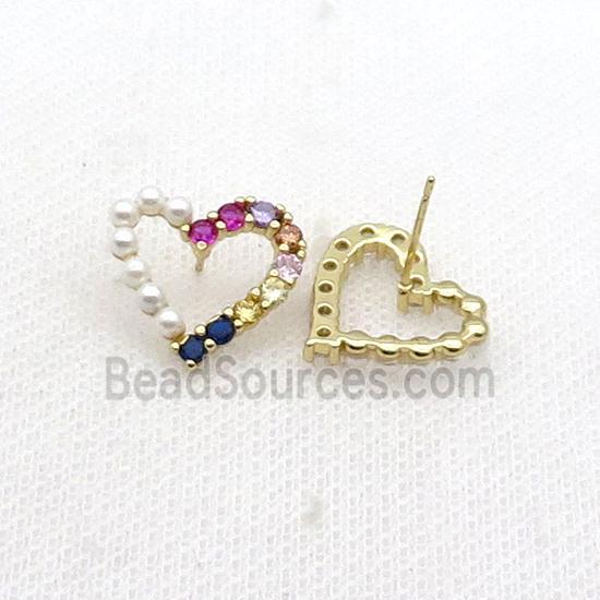 Copper Heart Stud Earring Pave Multicolor Zircon Gold Plated