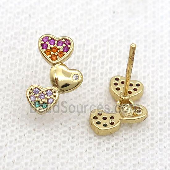 Copper Stud Earring Pave Zircon Heart Gold Plated