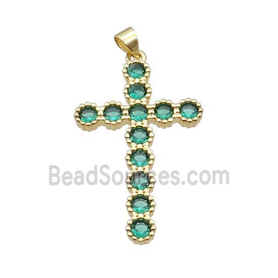 Copper Cross Pendant Pave Green Zircon Gold Plated