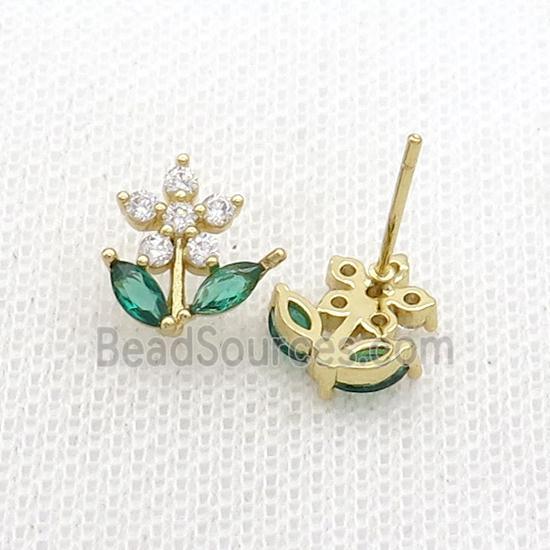 Copper Stud Earring Pave Zircon Flower Gold Plated