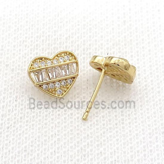 Copper Stud Earring Pave Zircon Heart Gold Plated