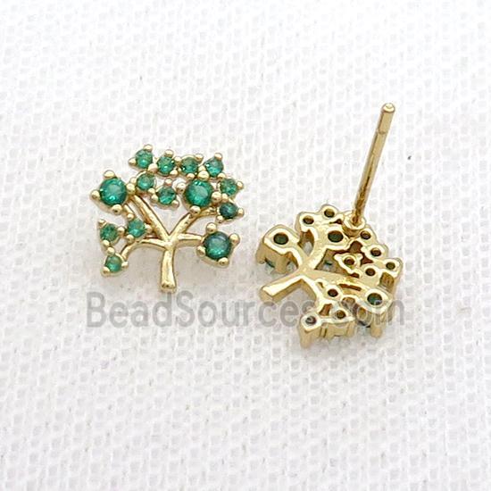 Copper Stud Earring Pave Green Zircon Tree Gold Plated