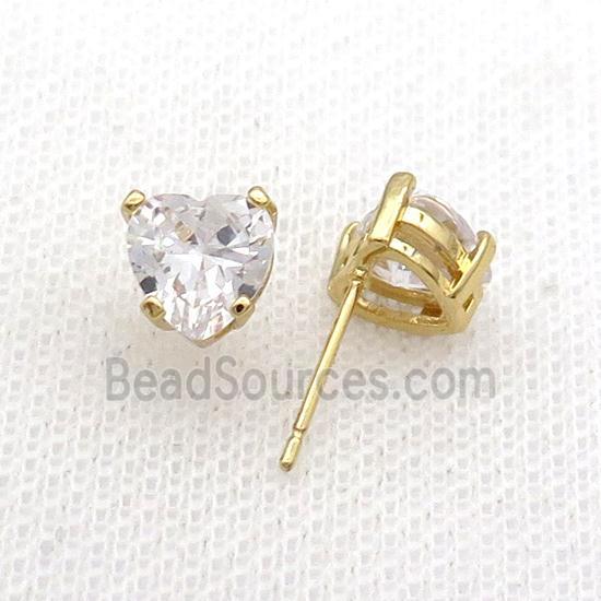 Copper Stud Earring Pave Clear Crystal Heart Gold Plated