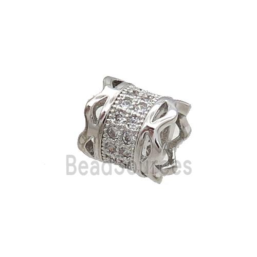 Copper Tube Beads Pave Zircon Large Hole Platinum Plated