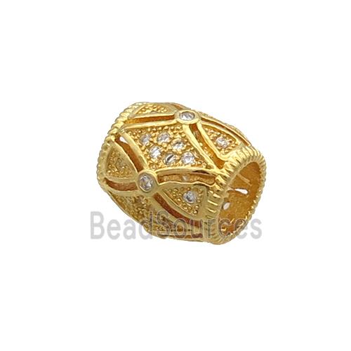 Copper Barrel Beads Pave Zircon Large Hole Gold Plated