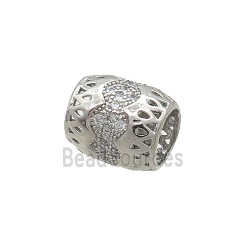 Copper Barrel Beads Pave Zircon Large Hole Platinum Plated