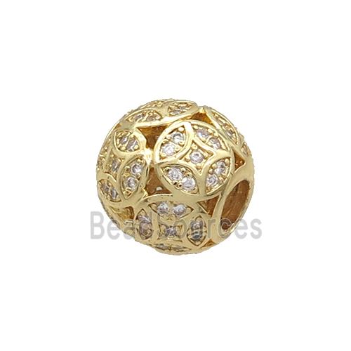 Copper Round Beads Pave Zircon Large Hole Gold Plated