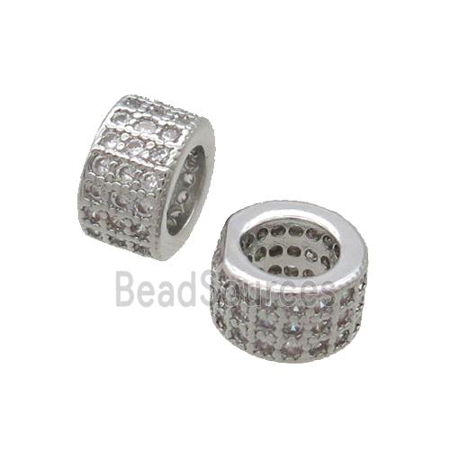 Copper Tube Beads Pave Zircon Large Hole Platinum Plated