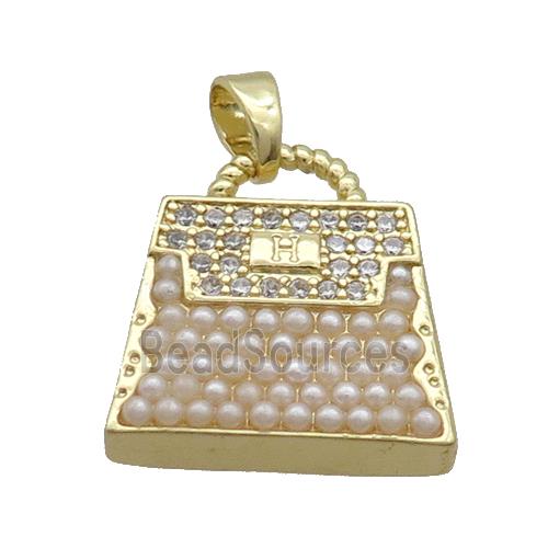 Copper Bag Charm Pendant Pave Zircon Pearlized Resin Gold Plated