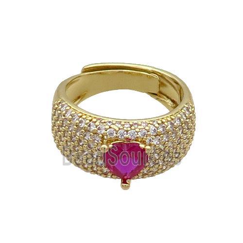 Copper Ring Pave Zircon Hotpink Crystal Glass Heart Adjustable Gold Plated