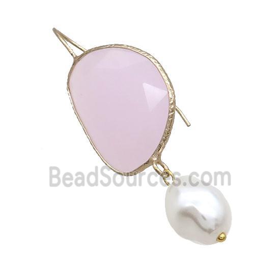 Copper Hook Earring With Pearlized Shell Pink Cat Eye Glass Gold Plated