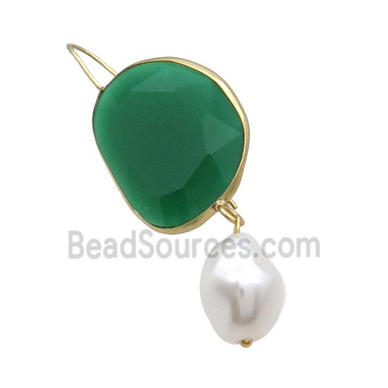 Copper Hook Earring With Pearlized Shell Green Cat Eye Glass Gold Plated