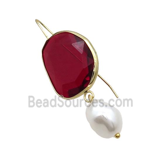 Copper Hook Earring With Pearlized Shell Red Cat Eye Glass Gold Plated