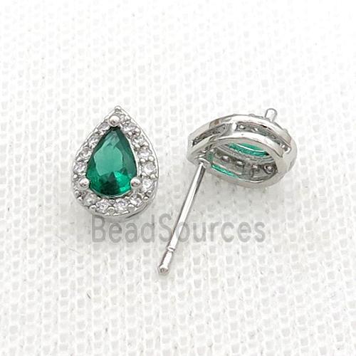 Copper Stud Earring Pave Green Crystal Teardrop Platinum Plated