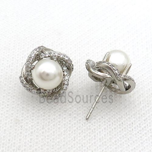 Copper Stud Earring Flower Pave Zircon Pearlized Shell Platinum Plated