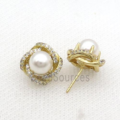 Copper Stud Earring Flower Pave Zircon Pearlized Shell Gold Plated