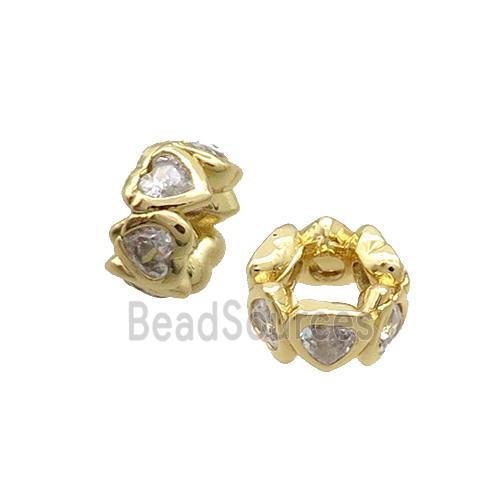 Copper Rondelle Beads Pave Zircone Heart Gold Plated