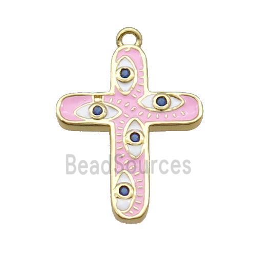 Copper Cross Pendant Pave Zircon Pink Enamel Eye Gold Plated