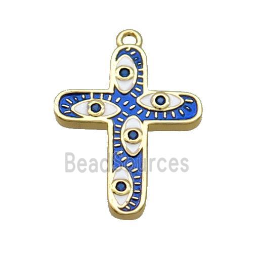 Copper Cross Pendant Pave Zircon RoyalBlue Enamel Eye Gold Plated