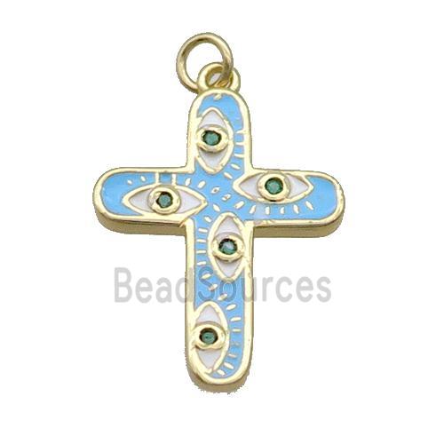 Copper Cross Pendant Pave Zircon Blue Enamel Eye Gold Plated