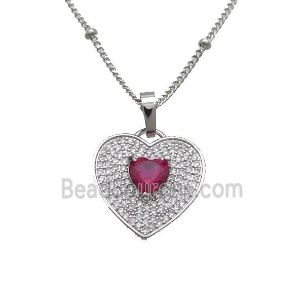 Copper Necklace With Heart Pave Zircon Red Platinum Plated