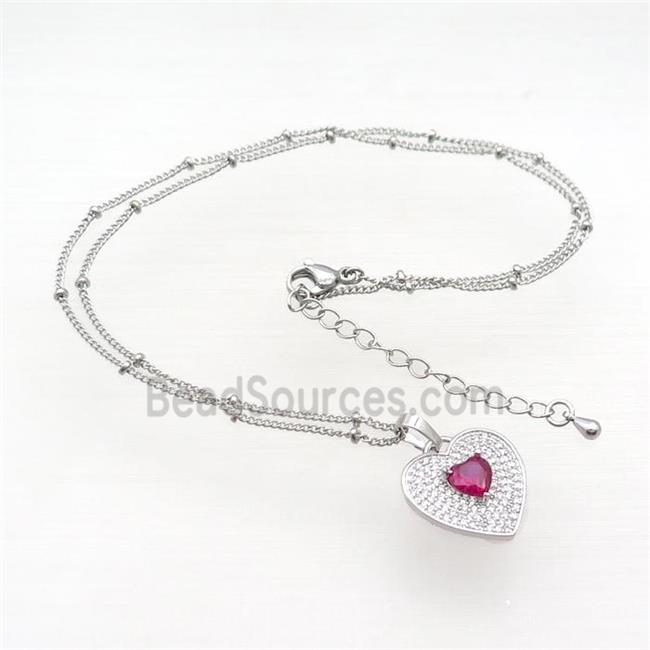 Copper Necklace With Heart Pave Zircon Red Platinum Plated