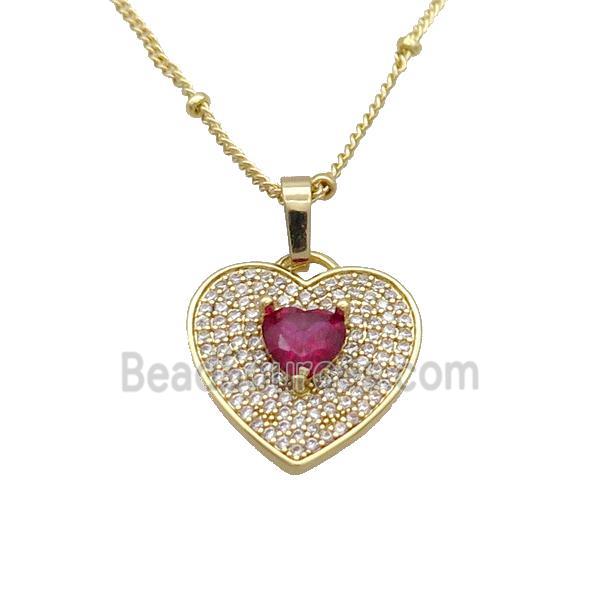 Copper Necklace With Heart Pave Zircon Red Gold Plated