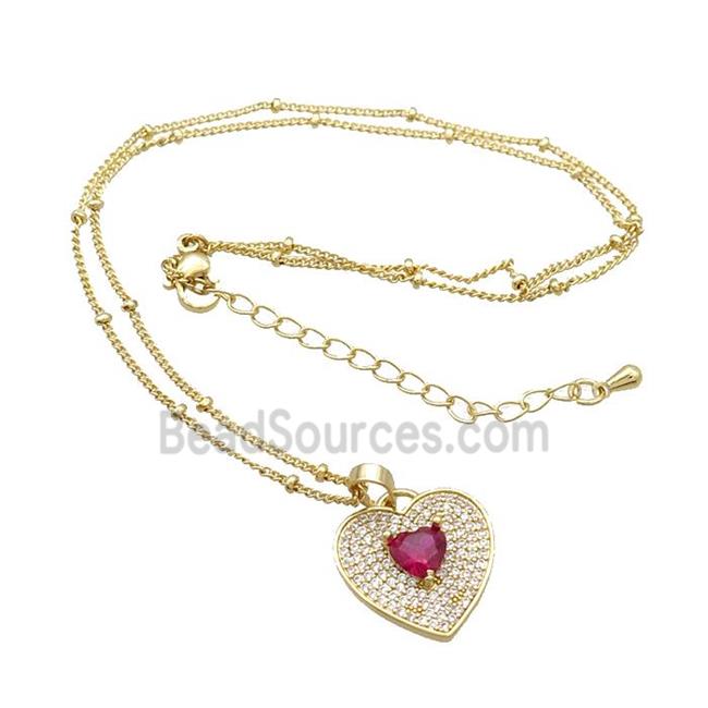 Copper Necklace With Heart Pave Zircon Red Gold Plated