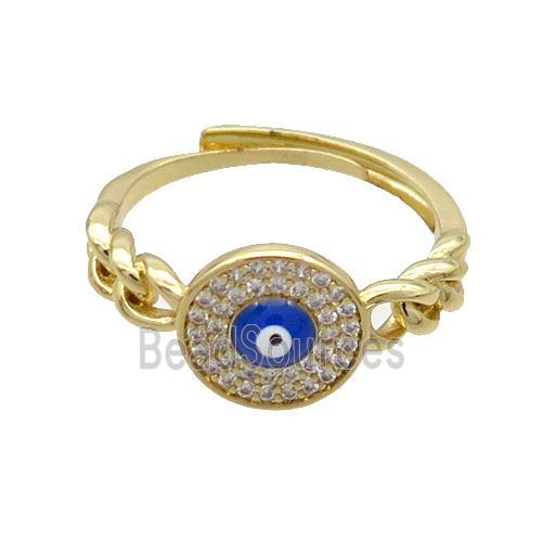 Copper Ring Pave Zircon Blue Enamel Evil Eye Adjustable Gold Plated