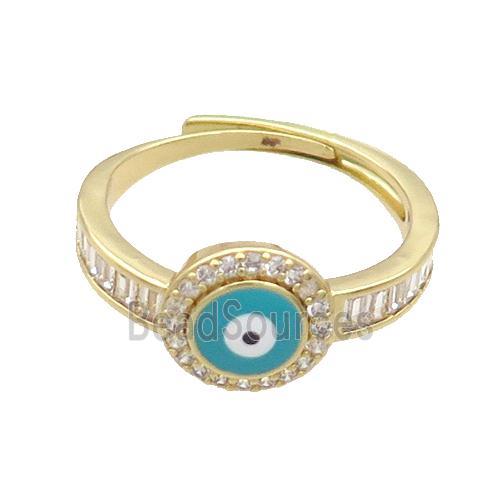 Copper Ring Pave Zircon Teal Enamel Evil Eye Adjustable Gold Plated