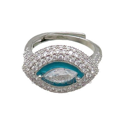 Copper Ring Pave Zircon Teal Enamel Eye Adjustable Platinum Plated