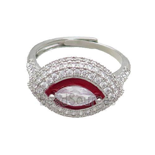 Copper Ring Pave Zircon Red Enamel Eye Adjustable Platinum Plated