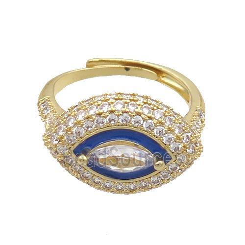 Copper Ring Pave Zircon Blue Enamel Eye Adjustable Gold Plated