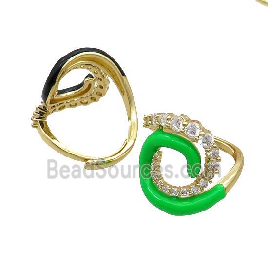 Copper Ring Pave Zircon Green Enamel Adjustable Gold Plated