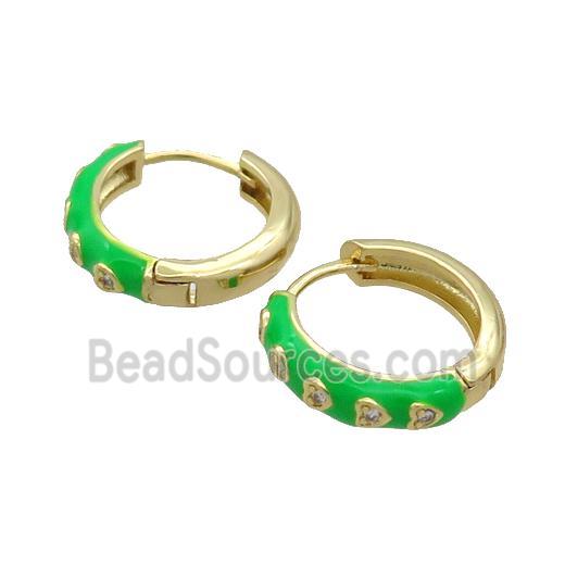 Copper Hoop Earring Green Enamel Heart Gold Plated