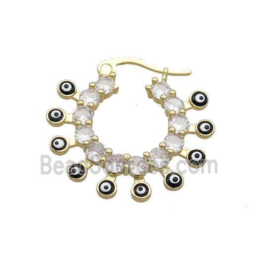 Copper Latchback Earring Pave Crystal Glass Black Enamel Evil Eye Gold Plated