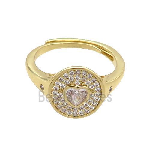 Copper Ring Pave Zircon Circle Heart Adjustable Gold Plated