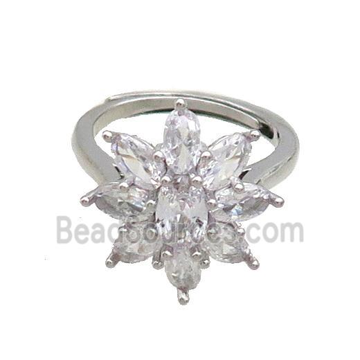 Copper Ring Pave Clear Crystal Glass Flower Adjustable Platinum Plated