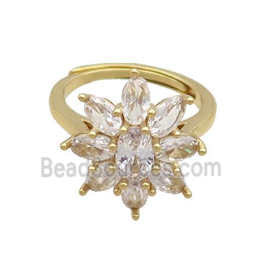 Copper Ring Pave Clear Crystal Glass Flower Adjustable Gold Plated