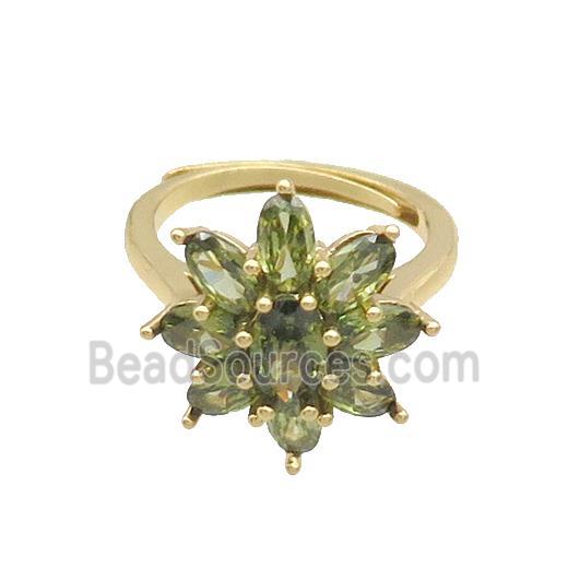 Copper Ring Pave Olive Crystal Glass Flower Adjustable Gold Plated