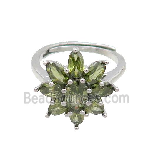 Copper Ring Pave Olive Crystal Glass Flower Adjustable Platinum Plated