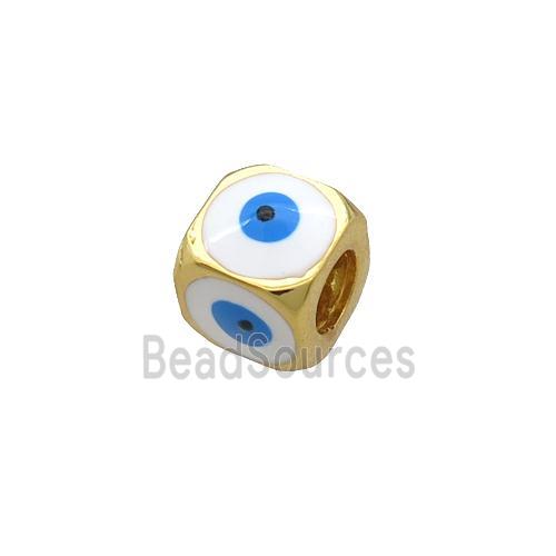 Copper Cube Beads White Enamel Evil Eye Large Hole Gold Plated