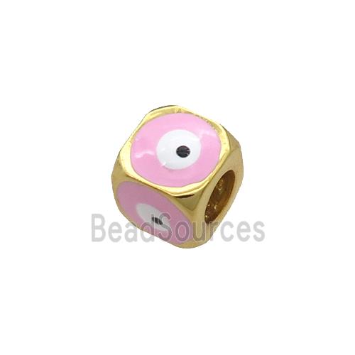 Copper Cube Beads Pink Enamel Evil Eye Large Hole Gold Plated