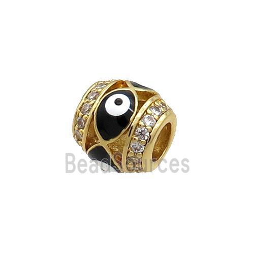 Copper Barrel Beads Pave Zircon Black Enamel Evil Eye Large Hole Gold Plated