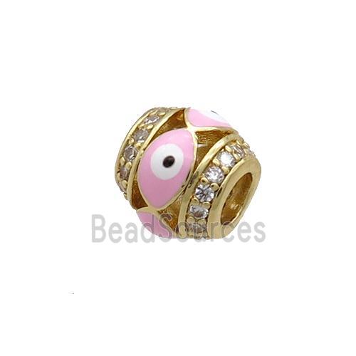 Copper Barrel Beads Pave Zircon Pink Enamel Evil Eye Large Hole Gold Plated